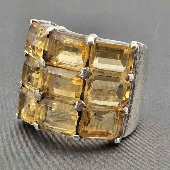 Estate Jewelry - VTG Sterling Silver 9 Citrine Gemstone Ring Sz 6 Emerald Cut Statement Jewelry